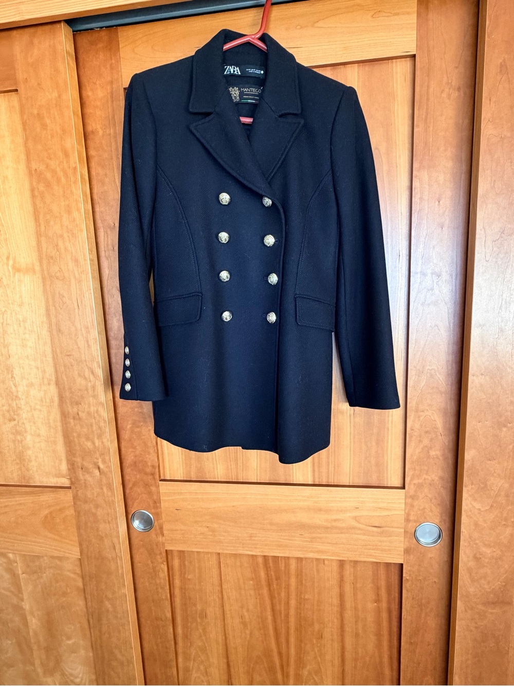 ZARA Black Double-Breasted Pea Coat with Gold Buttons